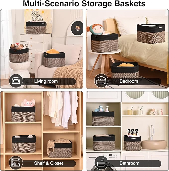 ICERZCZ Storage Baskets for Organizing Shelves, Toy Basket for Kid's Room, Woven Cotton Rope Basket for Decor, Organizing Baskets for Bedroom Living Room, 15"x11"x9.5", 3 Packs, Black & Jute