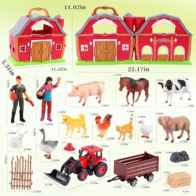 Red Barn Farm Animals Toys, 28PCS Animals Figures and Farm Tractor Playset, Educational Learning Toys for Toddlers and Kids 3 4 5 Year Old Boys and Girls Birthday Festival Gift
