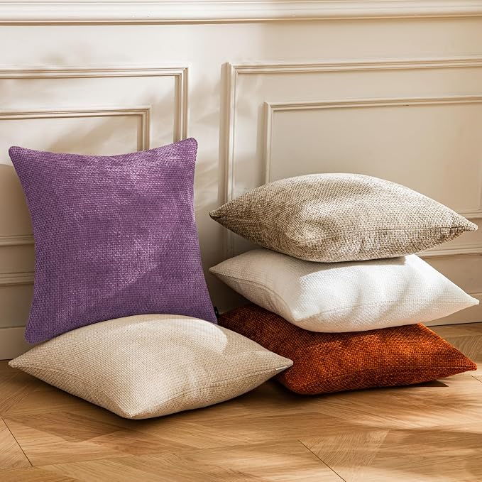 a moment Purple Chenille Throw Pillow Covers 18x18 Inch Pack of 2 Modern Decorative Throw Pillow Covers Farmhouse Cross Covers Home Decor for Sofa Bedroom Living Room