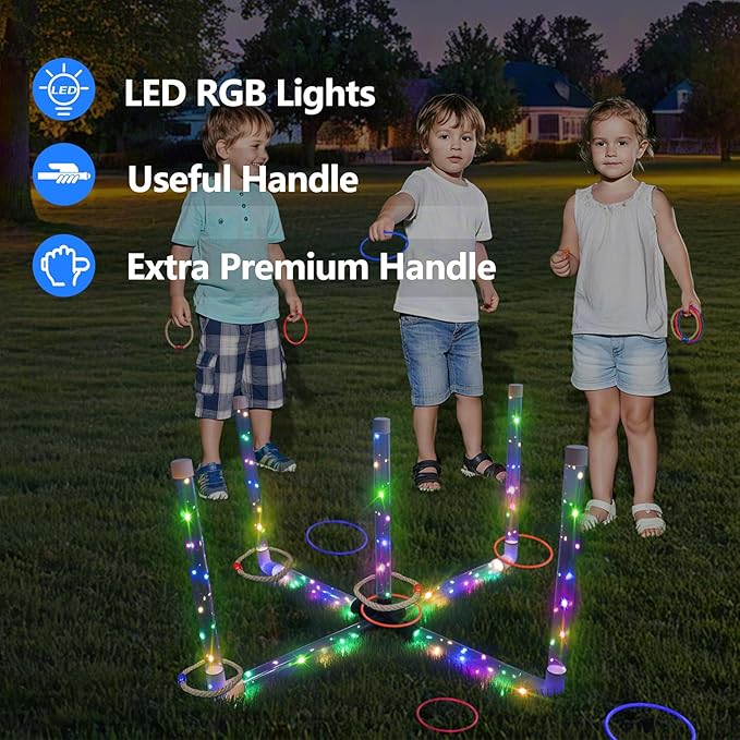 Ring Toss Outdoor Games with 16 Rings, Backyard Games Lawn Games for Adults & Kids, Backyard Camping Activities, Outdoor Games for Kids, LED Ring Toss