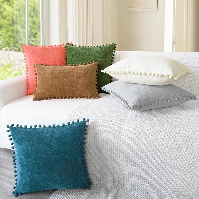 CaliTime Decorative Couch Throw Pillow Covers 20 X 20 Inches Forest Green | Pack of 2, Cozy Chenille Cushion Cases, with Pom Poms for Sofa Bed Living Room Farmhouse Home