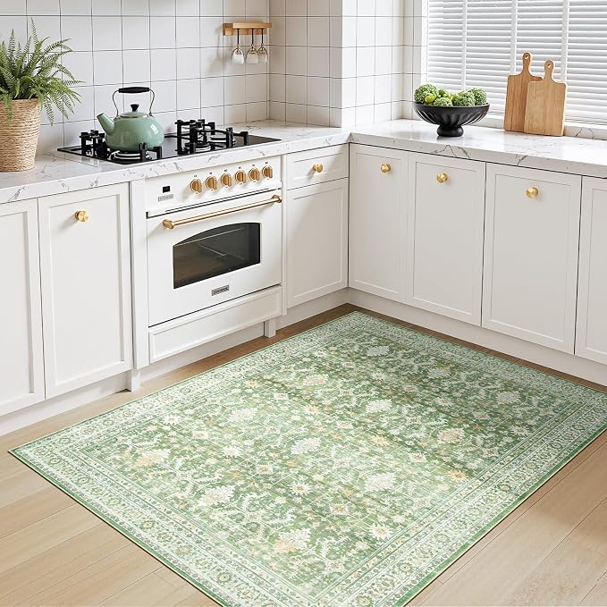 3x5 Area Rugs for Entryway, Non-Slip Washable Rug for Kitchen, Light Green | Low Pile Soft Small Rugs, Vintage-Style Carpet for Bathroom Bedroom Tool Room, Stain Resistant, Low Pile, Distressed Rug