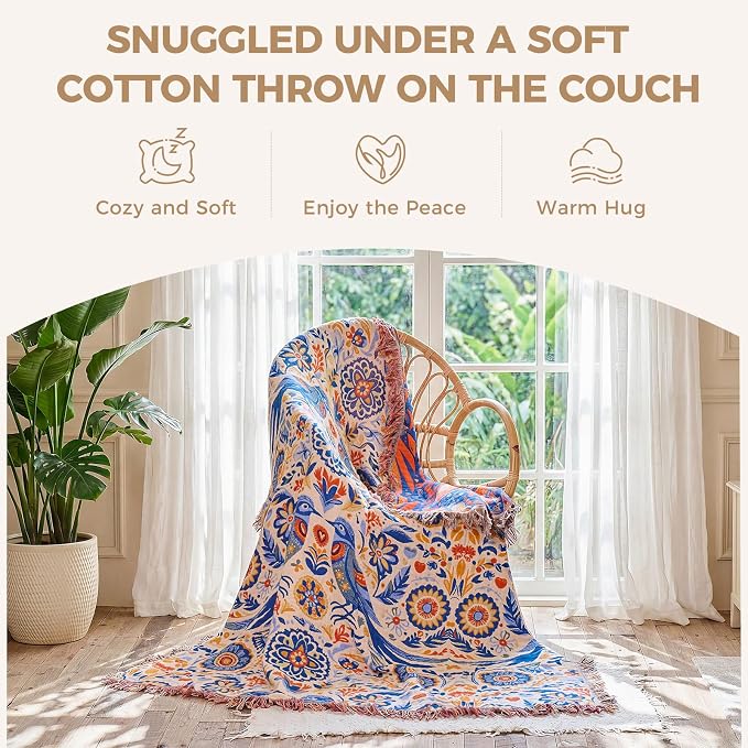 LUTBM Boho Throw Blanket for Bed 60"x80", All Season Cotton Couch Blankets | Reversible Floral Bird Jacquard, Muslin Gauze Twin Quilt, Lightweight & Breathable, For Chair Sofa Bedroom Living Room Decor