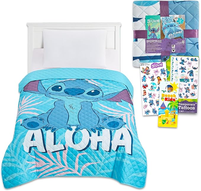 Disney Stitch Bedspread Twin Set for Kids - Bundle with Lilo and Stitch Quilted Bedspread for Twin Bed Plus Stickers, More | Stitch Twin Bedding Set for Boys, Girls