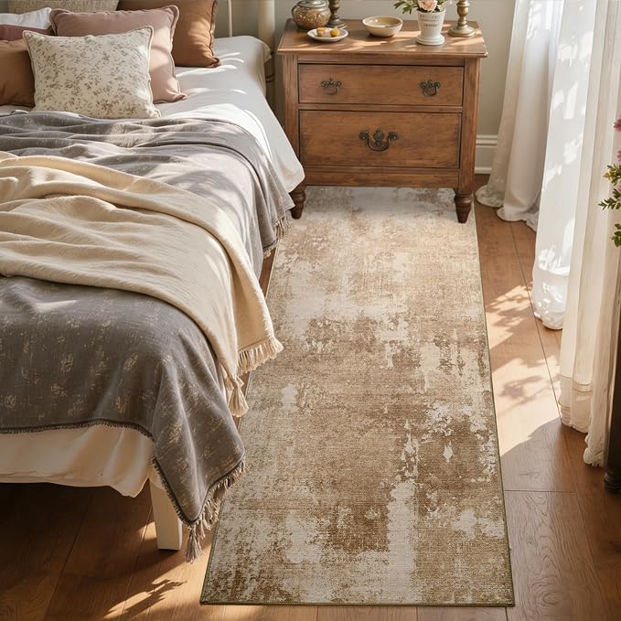2x6 Ft Washable Runner Rug, Non-Slip Low Pile Hallway Kitchen Area Rug, Soft Long Entryway Floor Mat Abstract Pattern Carpet for Bedside & High-Traffic Areas (Brown)