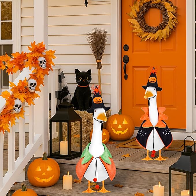 Halloween Porch Goose Outfit, 23inch Pumpkin Goose Costume, Fall Geese Clothes for Cement Geese Statue Outdoor Garden Yard Decor
