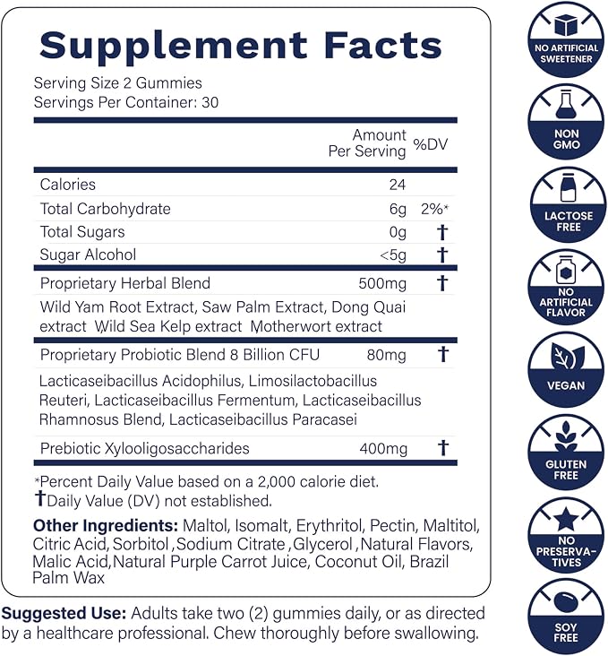 Flora12 Vaginal Probiotics for Women pH Balance Gummies with Prebiotics 8x Billion Probiotics 5x Extracts Saw Palmetto, Dong Quai, Motherwort, Wild Kelp & Yam | Vegan Sugar-Free Gluten-Free, 120 Ct