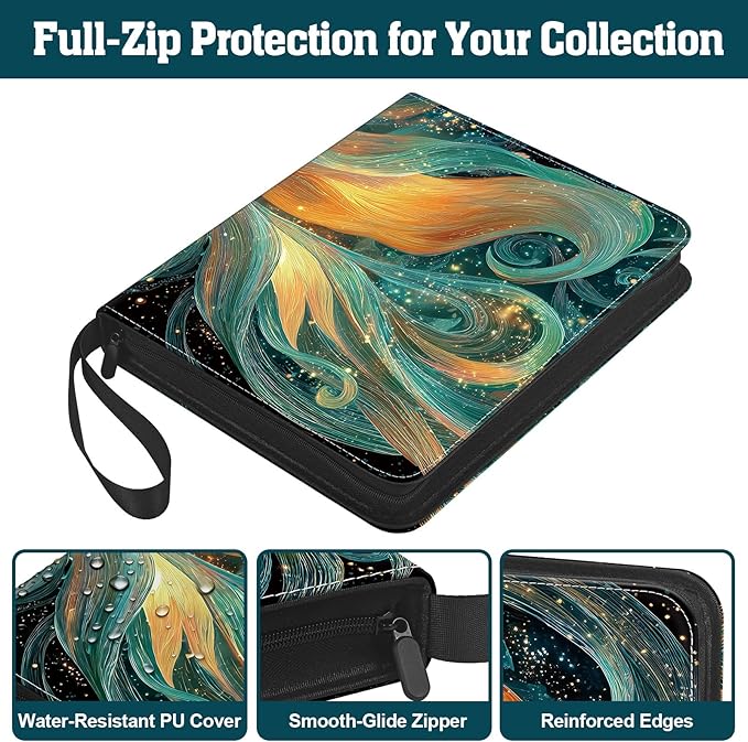 Trading Card Binder 9 Pocket, 900-Pocket Zippered 3-Ring Card Binder with 50 Double-Sided Pages, Fits 2.5" x 3.5" Cards, Acid-Free PVC-Free, Water-Resistant PU Cover, Wrist Strap, Fox Design