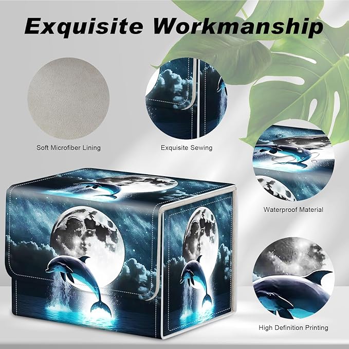 DEGDFSGR Card Game Storage Box forTCG MTG Deck Box Organizer Trading Case TCG Card Storage Box Magnetic Closure Creative Pattern Up to 200 Cards, Dolphin Moon Night