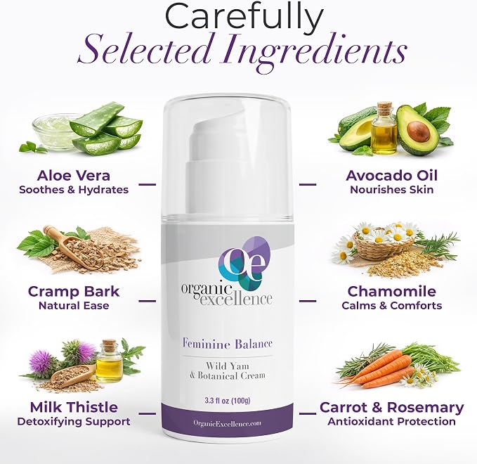 Organic Excellence Feminine Balance Wild Yam & Botanical Cream for Women – 3.3 fl oz