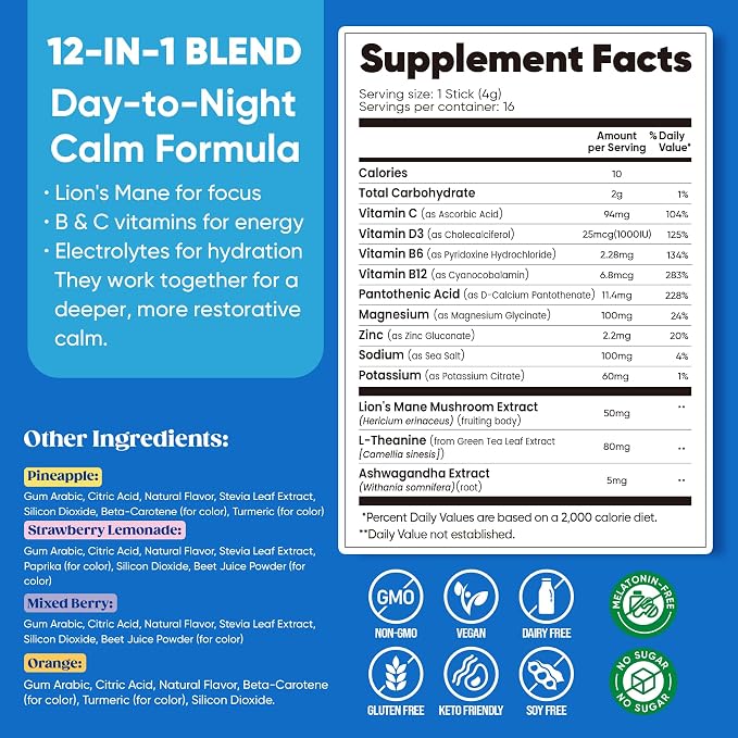 Venture Pal Calm Drink Mix, 12-in-1 Cortisol Reducer and Sleep Aid with Magnesium Glycinate, Ashwagandha, L-Theanine,Vitamin D, Calm Magnesium Powder for Relax & Focus, No Sugar, Non GMO