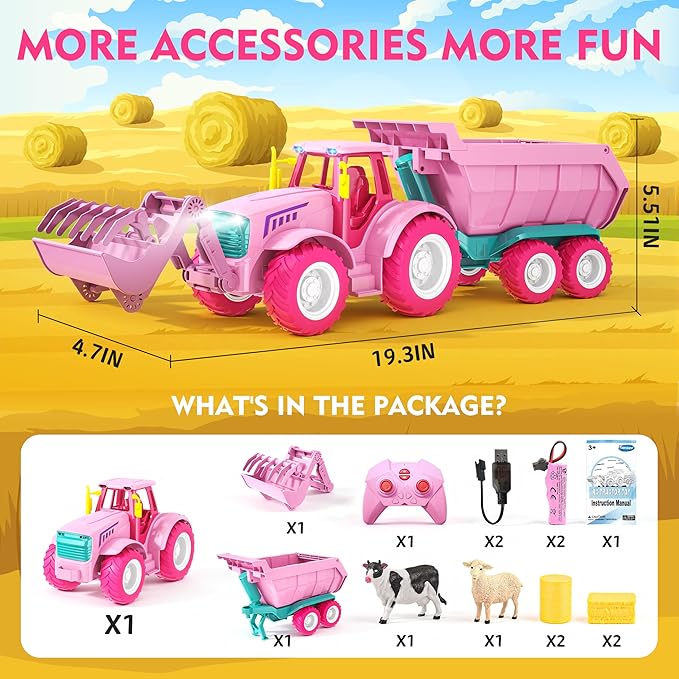 Funwee 2.4GHz RC Tractor Toy w/Light & Music, Kid Farm Car Toy w/Front Loader & Farm Animal, RC Tractor Trailer Truck Vehicle Toy for Boy Girl Age 3 4 5 6 7+ Year Old Christmas Birthday Gift (Pink)