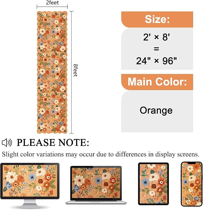 DUKINO 2x8 Washable Runner Rug, Floral Non Slip Kitchen Runner Rug, Orange | Low Pile, Soft Throw Rug Runner for Hallway, Entryway, Bedroom, Bathroom, Pet Friendly, Stain Resistant, Home Decor