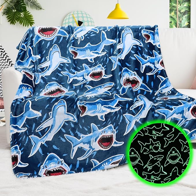BORORO Glow in The Dark Shark Blanket - Cozy Shark Toys Birthday Gifts for Kids Boys 40x50 inch