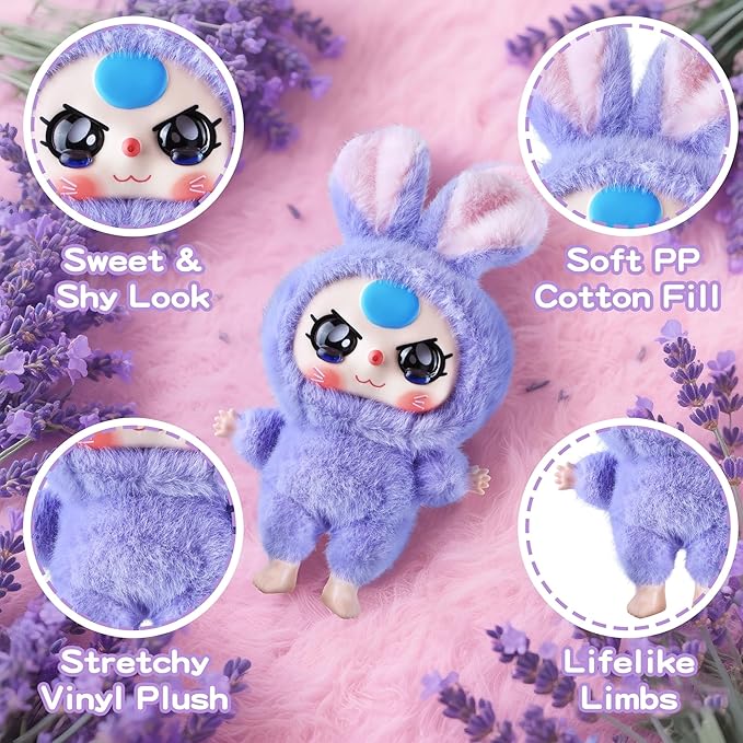 Vinyl Plush Doll, Stuffed Animals with Vinyl Face Lovely Vivid Expression for Girls Boys, Cute Popular Macaron Purple Kawaii Bunny Plush Toy Doll Gift for Collectibles Car Home Décor Birthday Keychain