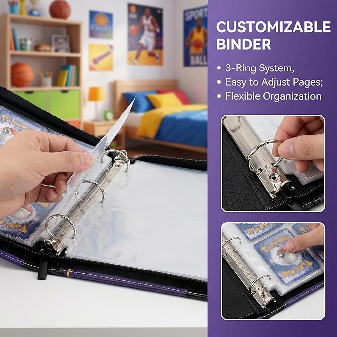 HBK Basketball Card Binder 400 Pockets - Waterproof PU Leather Sports Trading Card Holder with 50 Pages - 3 Ring Zipper Carrying Case for Collectors Kids Gift