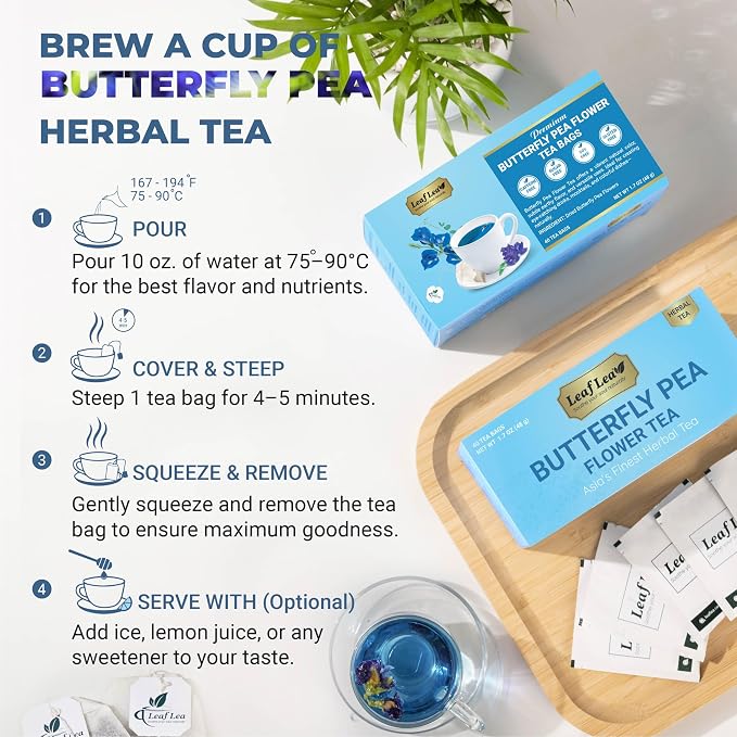 LeafLea Butterfly Pea Tea Bags, 100% Butterfly Pea Flowers, 80 Count | Natural Herbal Tea For Blue And Purple Drinks, Mocktails, Food Coloring, Caffeine-Free, Sugar-Free, Non-GMO, Pack Of 2