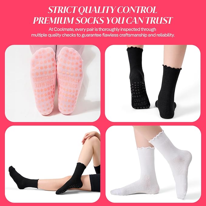 COOLMATE Pilates Socks with Grips for Women, Yoga Socks, Crew Non Slip Women for Barre, Pilates Gifts for Women
