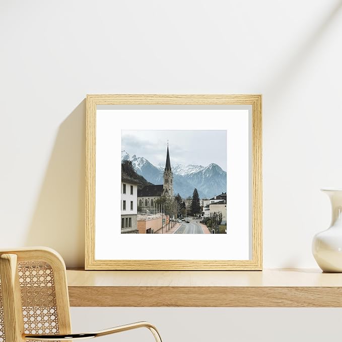 Vittanly 12x12 Picture Frames Set of 9, Shatter Resistant Plexiglass, Display 8x8 Pictures with Mat or 12x12 without Mat, Photo Frames for Wall Mount, Engineered Wood, OAK
