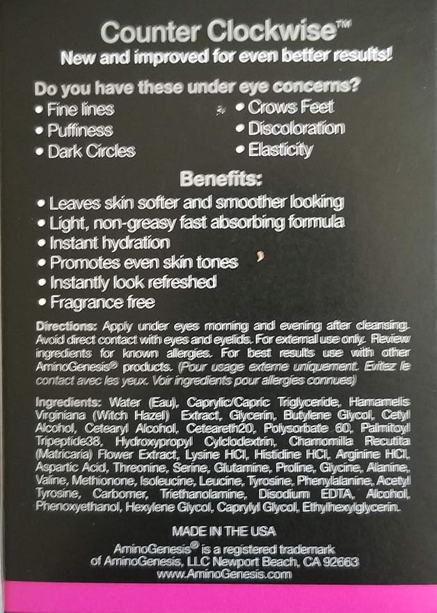 AminoGenesis Counter Clockwise 5 oz Dark Circle and Wrinkle Eye Cream, Day and Night Firming Eye Treatment, Eye Contour For Sensitive, Puffy Eyes and Eye Bags