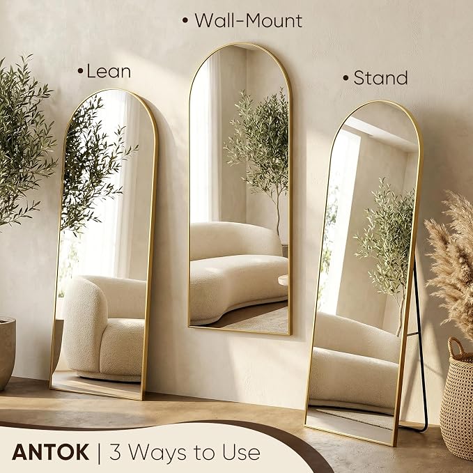 Antok 58" x18 Arched Full Length Floor Mirror, Gold Aluminum Frame, Free Standing/Wall Mount/Leaning for Bedroom, Living Room, Dressing Room