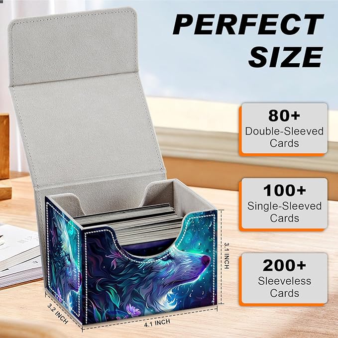 DEGDFSGRCard Game Storage Box for TCG MTG Commander Deck Box Organizer Trading Card CaseMagnetic Closure Creative Pattern Up to 200 Cards (Blue And Purple Glowing Wolf, 1 pack)
