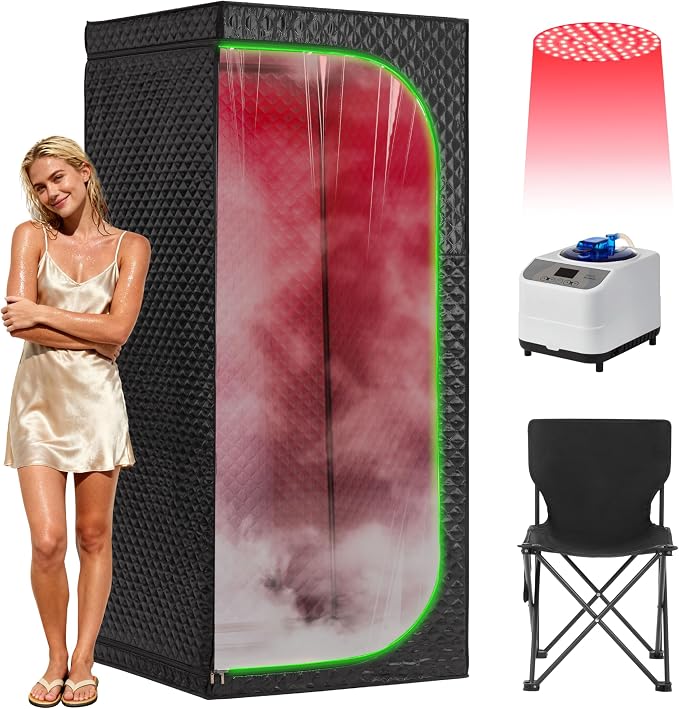 Steam Sauna Tent for Home with Transparent Door, Portable Indoor Sauna with Powerful Steam Heating, Foldable Personal Spa for Relaxation (Single Rectangular – Red Light,Black)