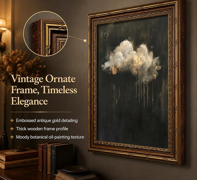 Vintage Gold Framed Cloud Wall Art Abstract Cloud Rain Landscape Canvas Print Dark Moody Cloud Picture Wall Decor Abstract Gothic Sky Landscape Academia Poster Artwork for Living Room Bedroom