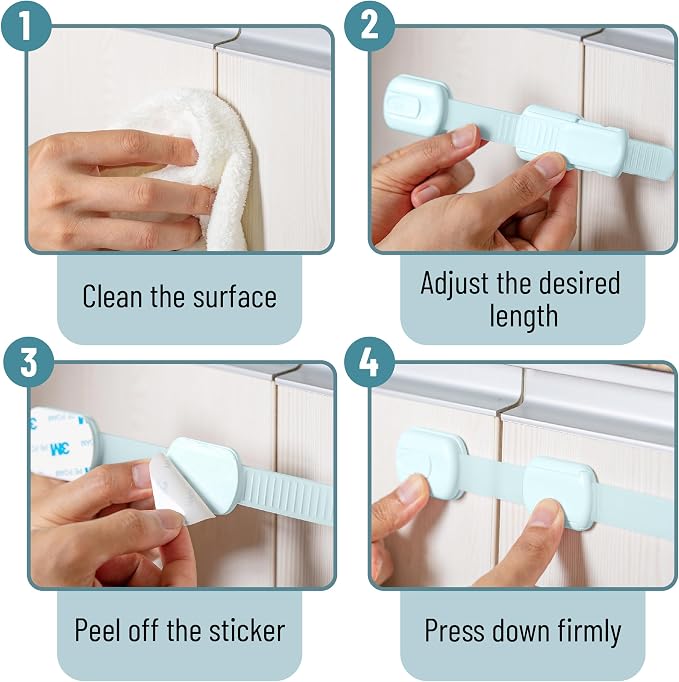 Bates- Child Safety Strap Locks, 6 Pack, Pastel Blue, Baby Cabinet Locks