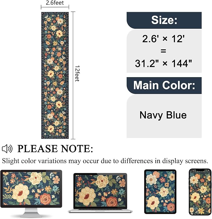 DUKINO 2.6x12 Kitchen Runner Rug, Floral Non Slip Washable Rug, Navy Blue | Low Pile, Stain Resistant, Soft Indoor Rug Runner for Hallway, Entryway, Bedroom, Bathroom, Laundry, Pet Friendly, Home Decor