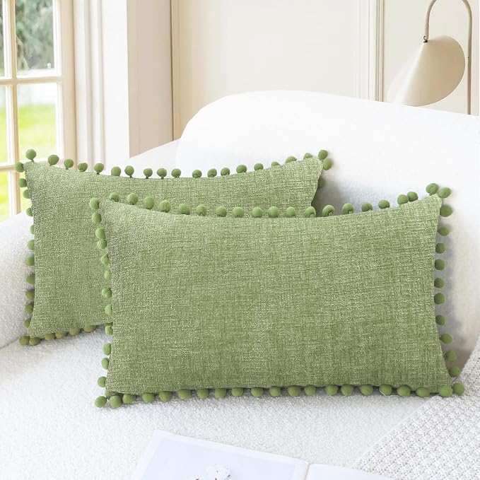 CaliTime Decorative Couch Throw Pillow Covers 20 X 12 Inches Sage | Pack of 2, Cozy Chenille Cushion Cases, with Pom Poms for Sofa Bed Living Room Farmhouse Home