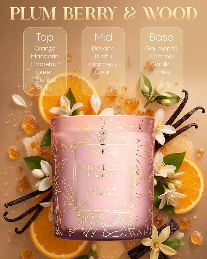 M&SENSE Plum Berry Wood Soy Candle, 8.1oz Gilded Glass, Fall Warmth Gift | 42H Long Burn, Non-Toxic, Cozy Relax Romantic Home Fragrance, Warmer Compatible, Reusable Glass, Sensitivity-Safe