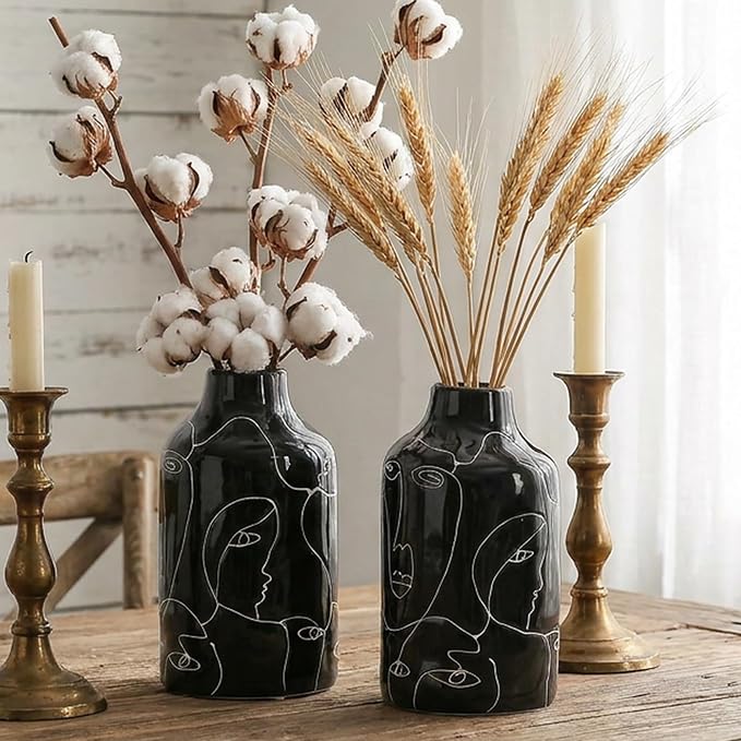 Kimdio Ceramic Vase Set, 2pcs Black Abstract Irregular Design Flower Vases, Modern Home Decor Living Room Decor Minimalist Decorative Vase for Pampas Grass