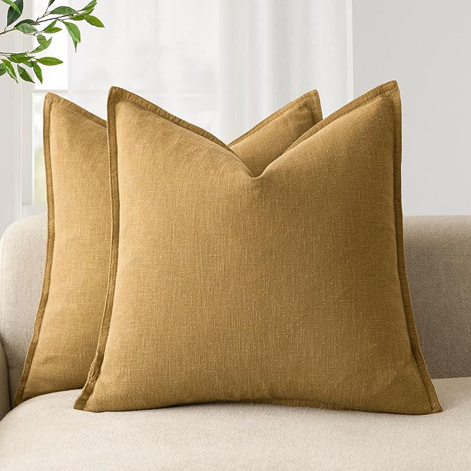 Foindtower Pack of 2, Decorative Linen Solid Throw Pillow Covers Soft Accent Cushion Case Boho Farmhouse Pillowcase for Chair Couch Sofa Bedroom Living Room Home Decor 20 x 20 Inch Honey Mustard