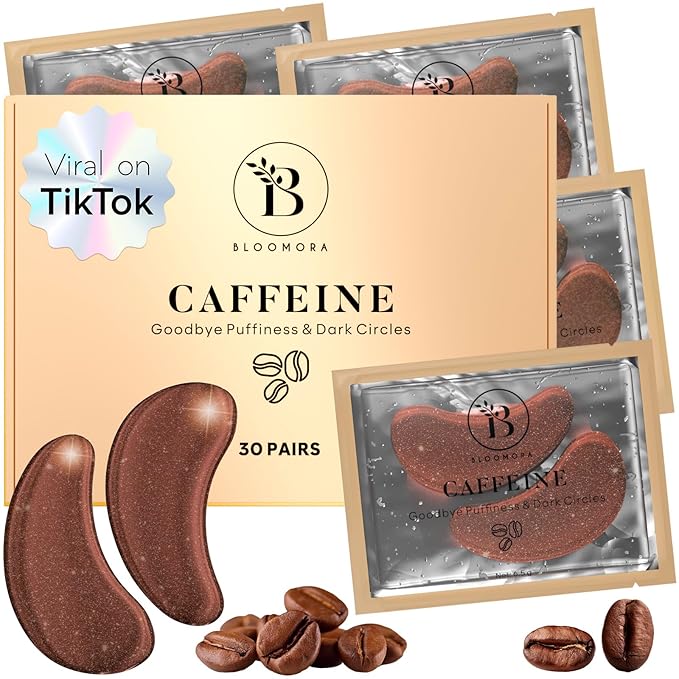 BLOOMORA Caffeine Under Eye Patches (30 Pairs) - Dark Circles & Puffiness Care - Hydrating Caffeine Eye Mask