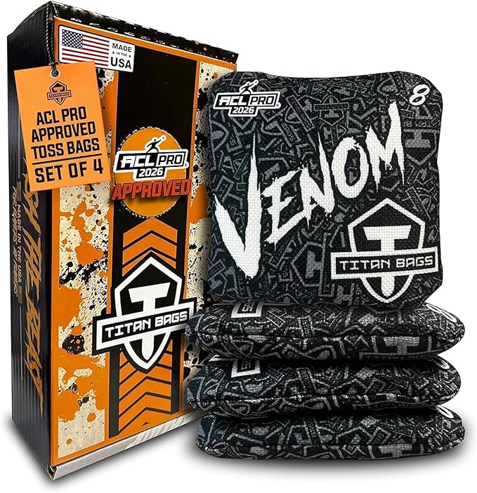 Titan Bags Venom Cornhole Bags - 6" x 6" ACL PRO Approved Cornhole Bean Bags for Tournaments - Versatile & Durable Regulation Cornhole Bags Ideal for Indoor/Outdoor Toss Sports & Games (4 Pack)