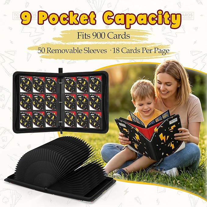 Card Binder for Pokemon Cards, 9 Pocket Trading Card Binder Holds 900 Cards with 50 Removable Sleeves, 3 Ring Zipper Card Holder Album Book Case for TCG, MTG, Sports Cards Collection, Boys Girls