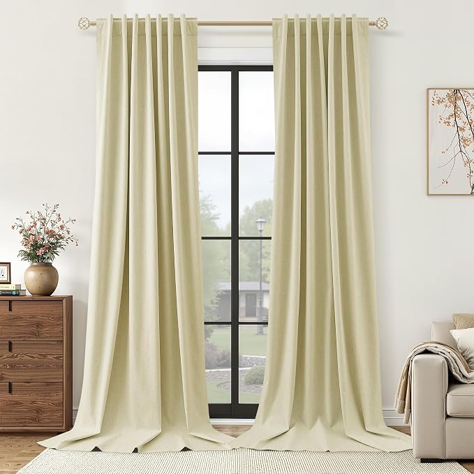Guken Extra Long 100% Blackout Linen Curtains for Bedroom 120 inches Long, Thermal Insulated Room Darkening Black Out Drapes for Living Room, Back Tab Rod Pocket 2 Panels Set,Cream Yellow,52x120