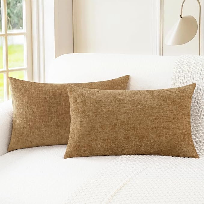CaliTime Decorative Couch Throw Pillow Covers 20 X 12 Inches Apricot Brown | Pack of 2, Cozy Chenille Cushion Cases for Sofa Bed Living Room Farmhouse Home