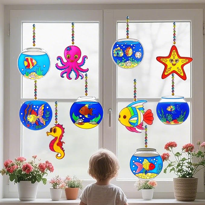 Ayhuhra 30 Sets Fishbowl Suncatcher Craft Kits Make Your Own Sea Animal Fish Tank Scene DIY Window Paint Art Sun Catcher Kit for Home Classroom Party Activities Art Project
