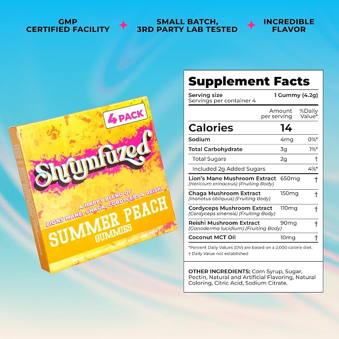 Shrumfuzed Mushroom Gummies | Nootropic Mushroom Supplement with Lion's Mane, Reishi, Cordyceps & Chaga | 4 Count, Summer Peach