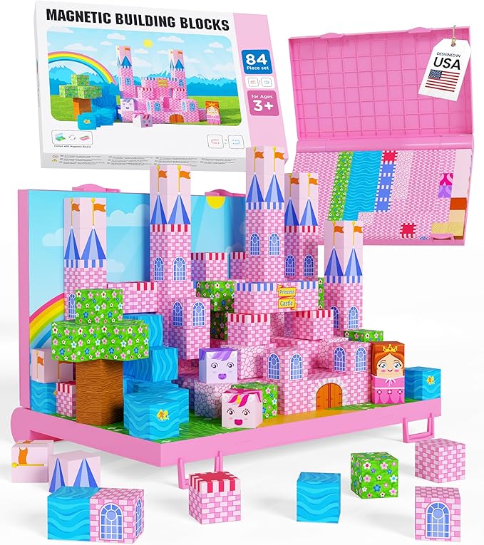 Gift-Ready Magnetic Building Blocks for Kids, Magnet Cubes — Princess Castle Toy Building Sets with Magnetic Storage Board — 84-Piece Pixy Stacking STEM Building Toys for Boys & Girls Ages 3 to 12