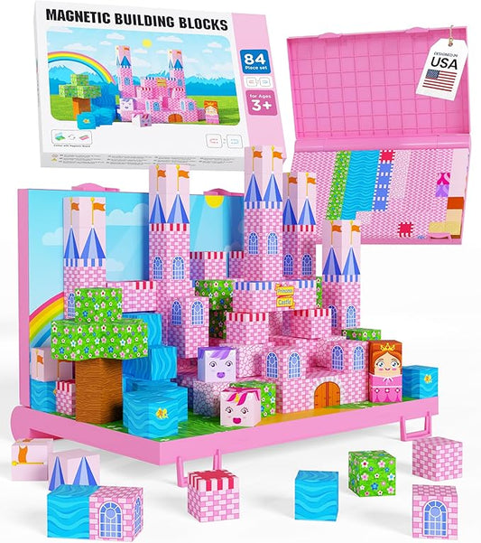 Gift-Ready Magnetic Building Blocks for Kids, Magnet Cubes — Princess Castle Toy Building Sets with Magnetic Storage Board — 84-Piece Pixy Stacking STEM Building Toys for Boys & Girls Ages 3 to 12