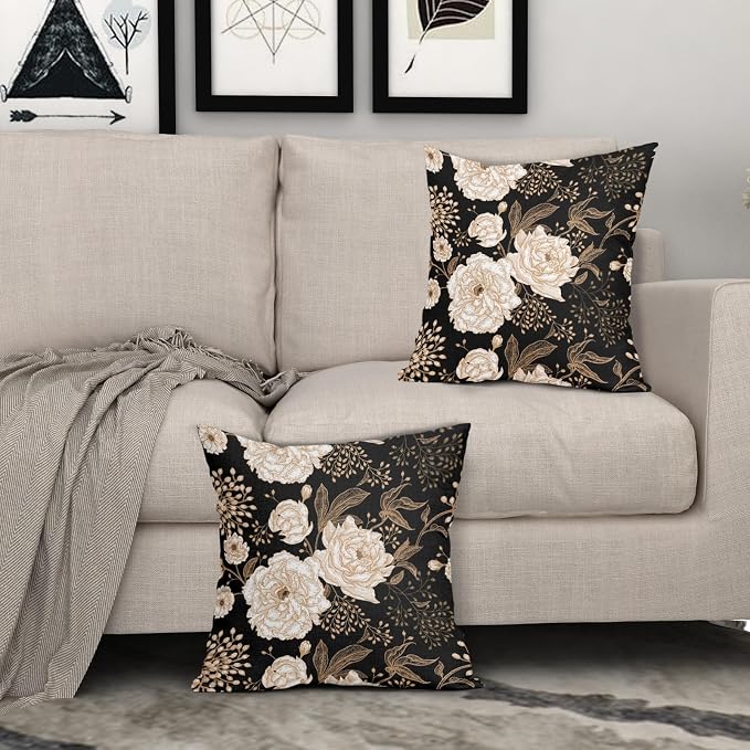 Vintage Peony Roses Floral Plant Pillow Covers 24X24 Inch Set of 2 Chinoiserie White Flower Leaves Decorative Pillow Cases Black Gold Cushion Case Vintage Home Decor for Sofa Couch Outdoor