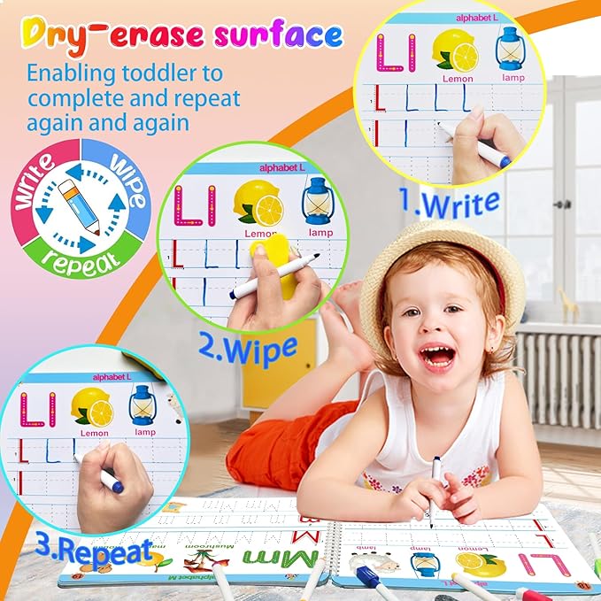 Montessori Preschool Learning Tracing Workbook - Toddler Handwriting Practice Letter and Numbers Busy Activity Book Dry Erase, Autism Materials Prek Educational Learning Toy for Kids Age 3 4 5