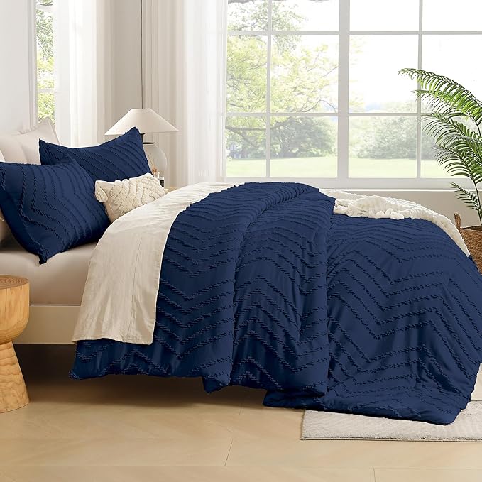 Andency Navy Blue California King Comforter Set, Boho Cal King Soft Warm Tufted Neutral Bedding Comforter Sets, 3 Pieces Cali King Aesthetic Chevron Farmhouse Cute Bohemian Textured Bedding Set