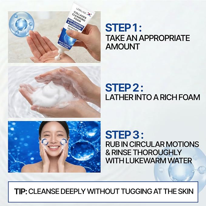 LEBELAGE Korean Collagen Facial Cleanser 3.38 oz | Cleansing Foam Face Wash | Low pH Gentle Hydrating Daily Facial Cleanser Sensitive Skin