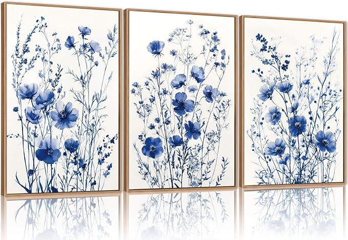 FWIEXA Blue White Wildflower Canvas Wall Art Set of 3, Framed Navy Chinoiserie Watercolor Botanical Pictures Wall Decor, Minimalist Floral Paintings Artwork, 16x24In Florals Prints for Living Room, Bedroom, Bathroom