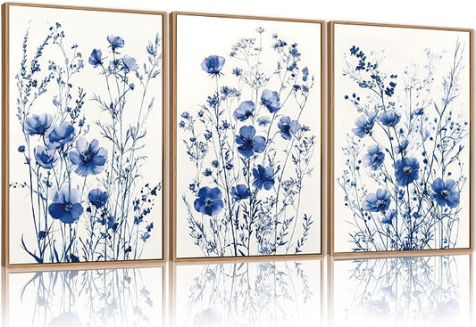 FWIEXA Blue White Wildflower Canvas Wall Art Set of 3, Framed Navy Chinoiserie Watercolor Botanical Pictures Wall Decor, Minimalist Floral Paintings Artwork, 16x24In Florals Prints for Living Room, Bedroom, Bathroom