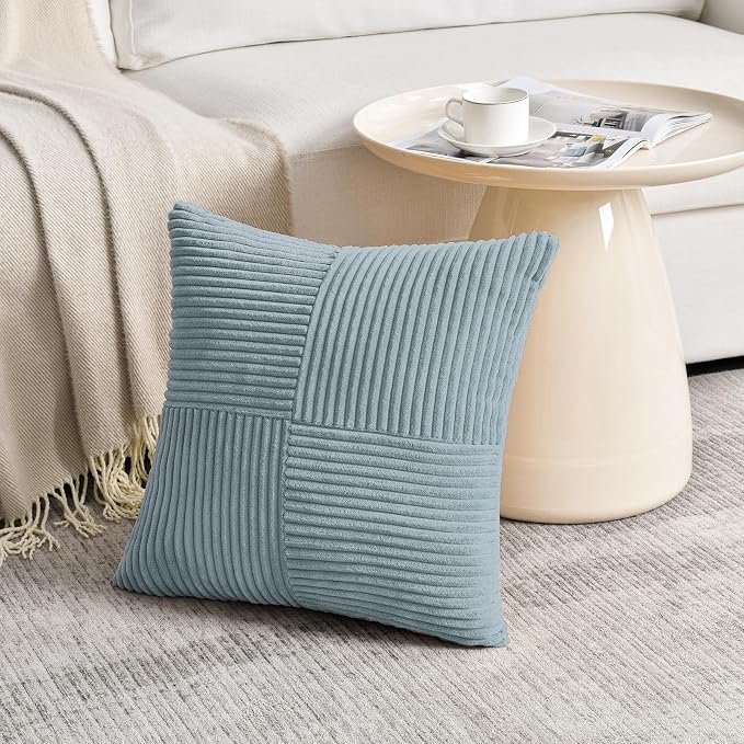 Fancy Homi Set of 2 Light Blue Decorative Throw Pillow Covers 22x22 Inch for Living Room Couch Bed Sofa, Farmhouse Boho Home Decor, Soft Cross Corduroy Patchwork Accent Square Cushion Case 55x55 cm